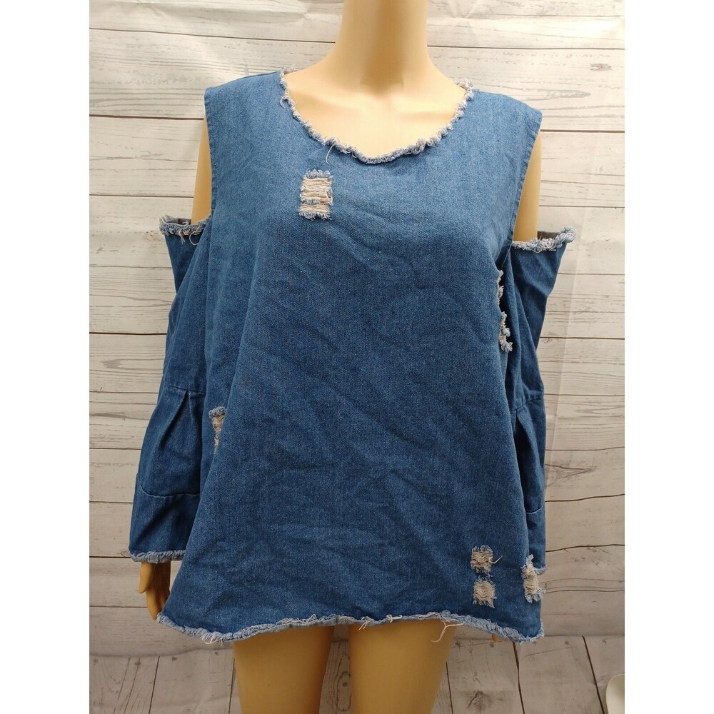 Say What? Long Sleeve Blue Denim Blouse M Women Cold Shoulder Distressed
